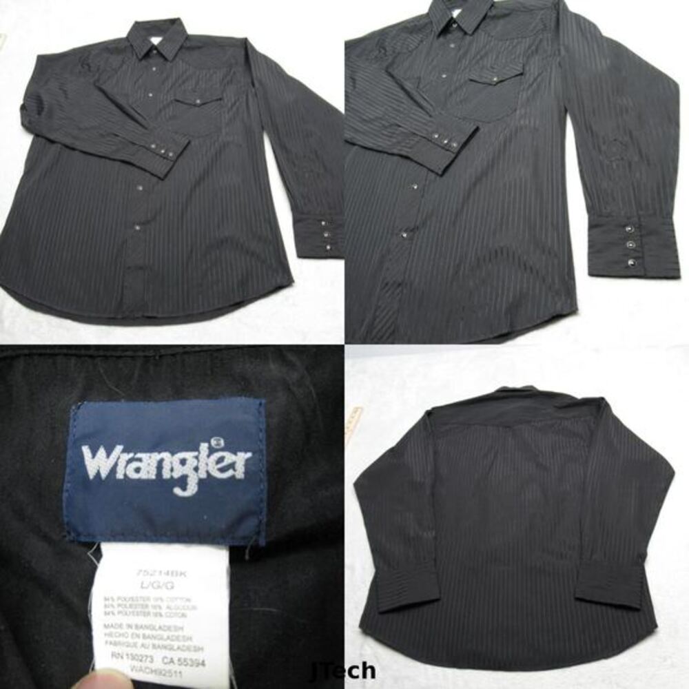 Wrangler Pearl Snap Shirt Mens Large Black Striped Long‎ Sleeve Western Preppy
